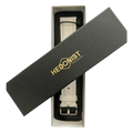 White leather watch band, close-up of logo on box