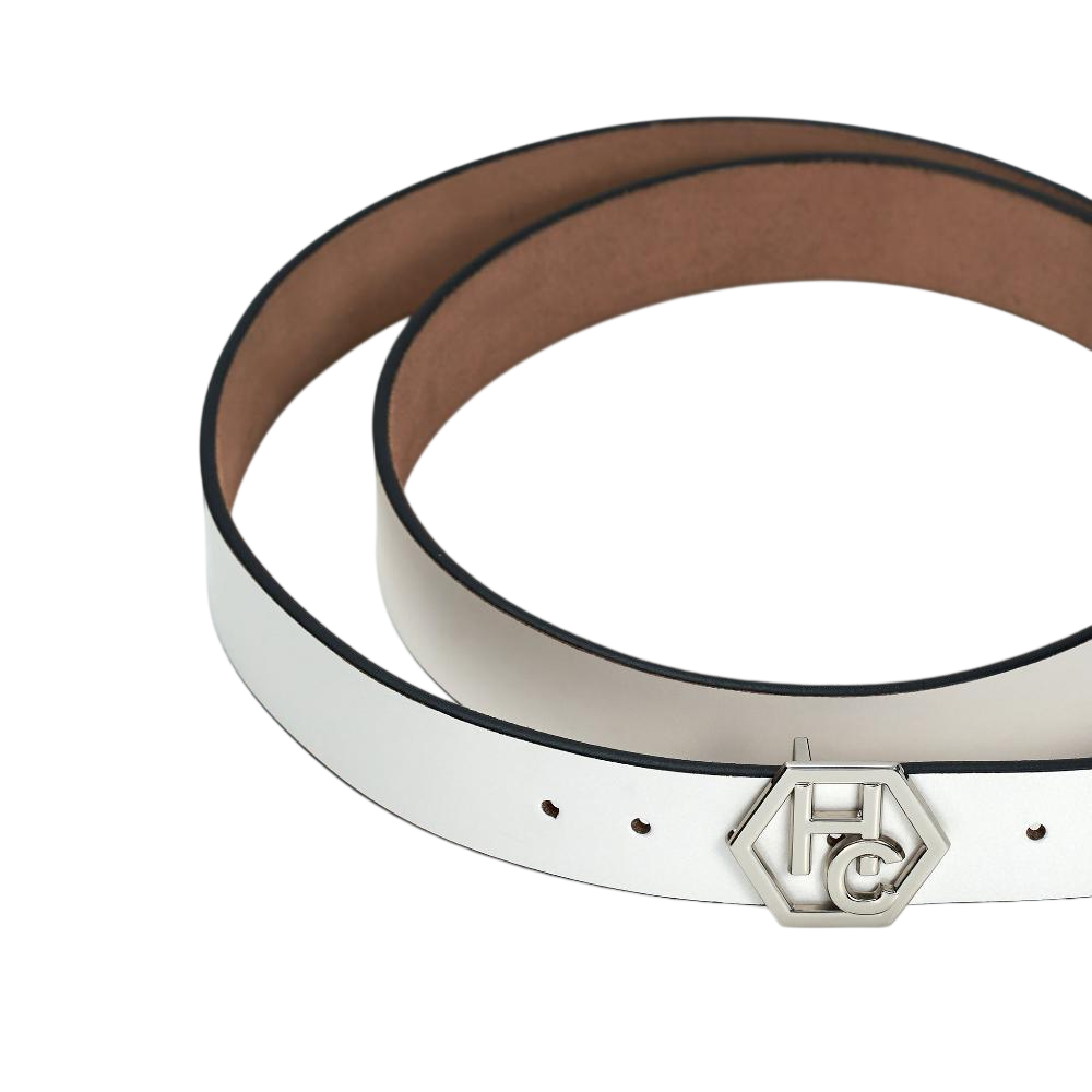 Buckle close-up on women's seamless edge leather belt - white - Hedonist Chicago (1.3")