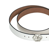 Hedonist Chicago signature buckle close-up on women's seamless edge leather belt - white (1.3")