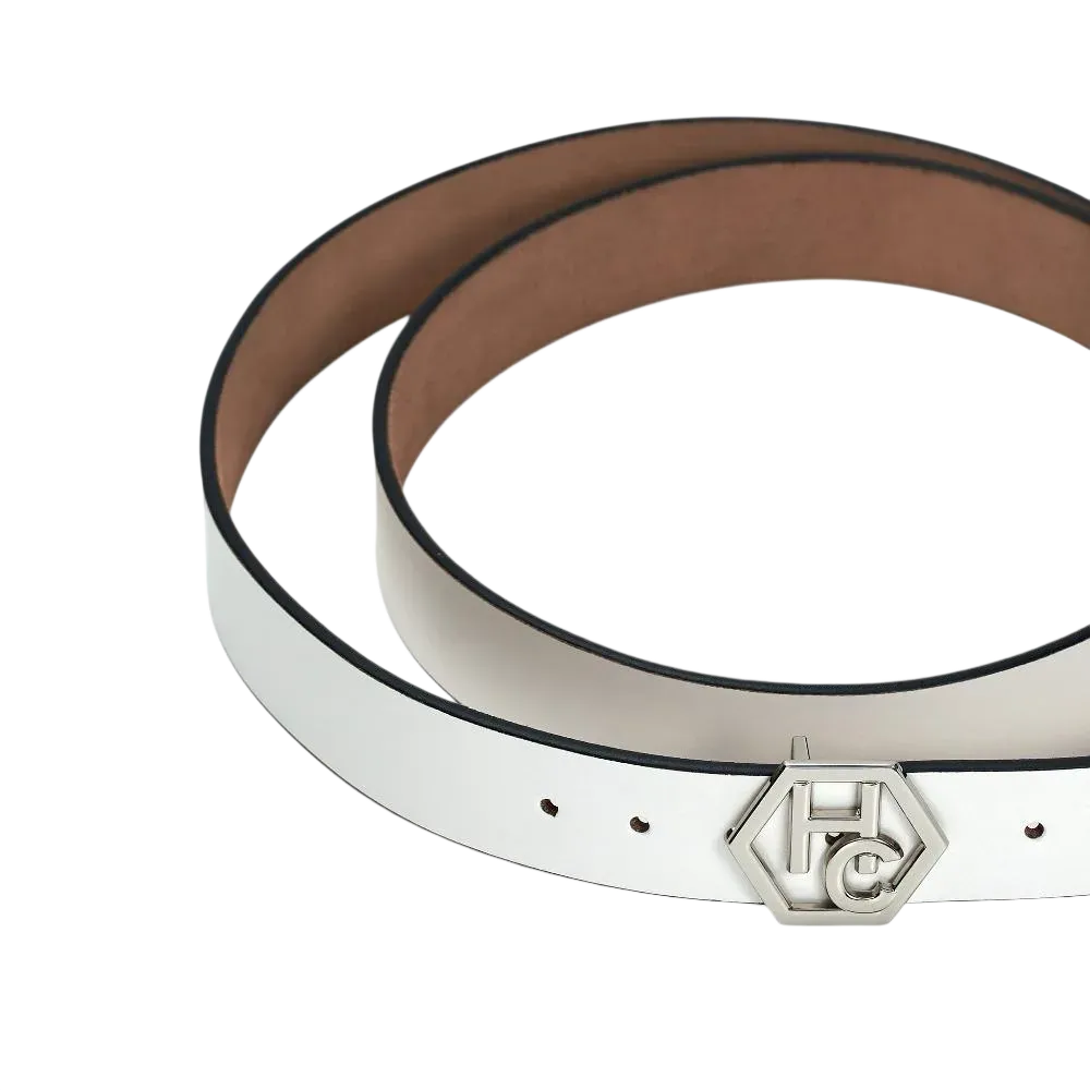 Hedonist Chicago signature buckle close-up on women's seamless edge leather belt - white (1.3")