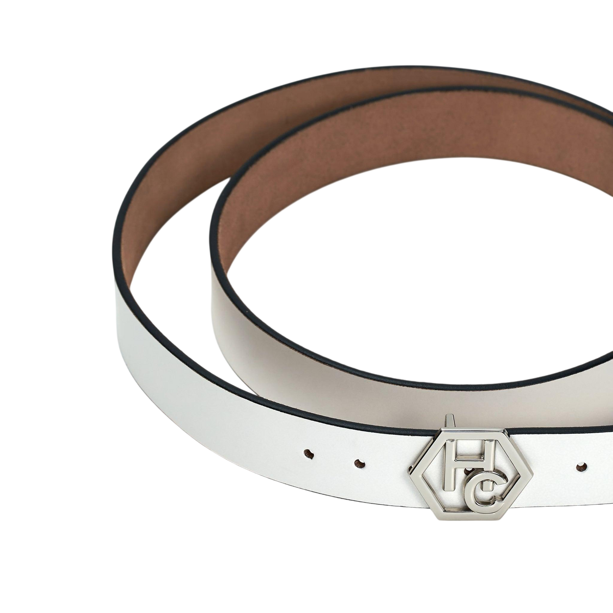 Buckle close-up on women's seamless edge leather belt - white - Hedonist Chicago (1")