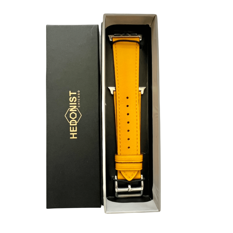 Yellow leather Apple Watch band, presented in gift box
