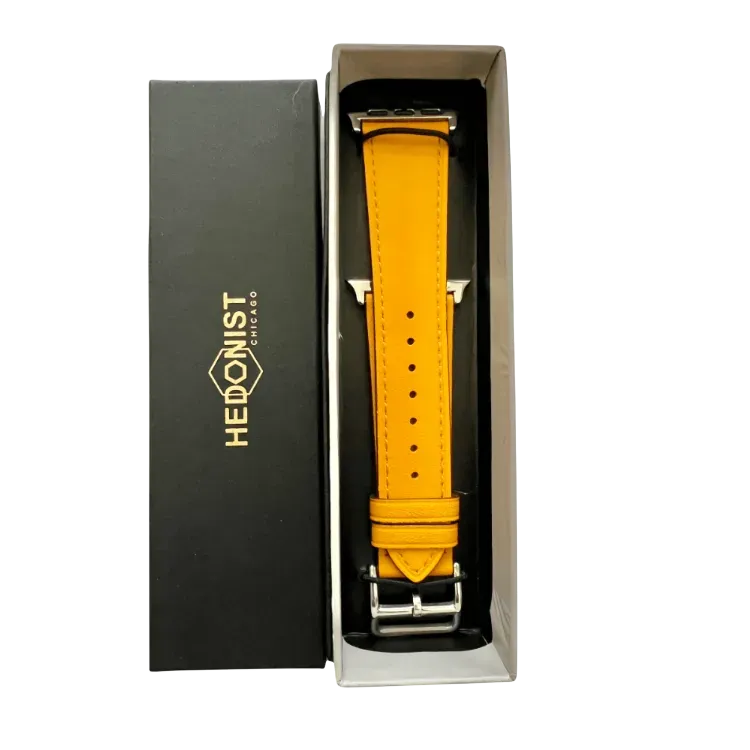 Yellow leather Apple Watch band, presented in gift box