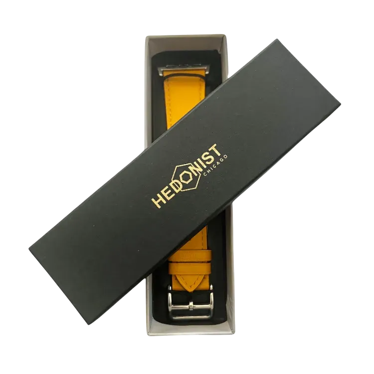 Yellow leather Apple Watch band, packaging close-up