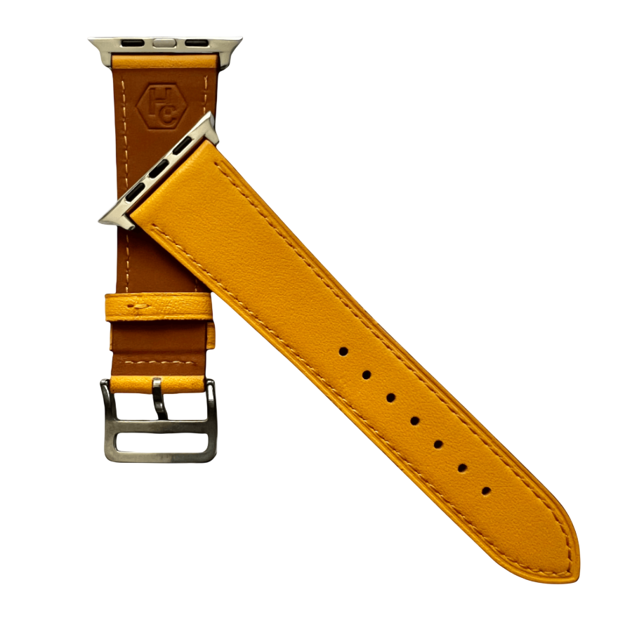 Yellow leather Apple Watch band, side view with stainless steel lugs