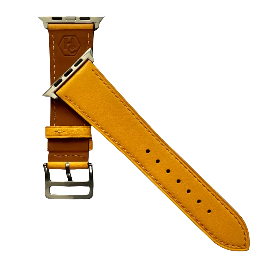 Yellow leather Apple Watch band, side view with stainless steel lugs