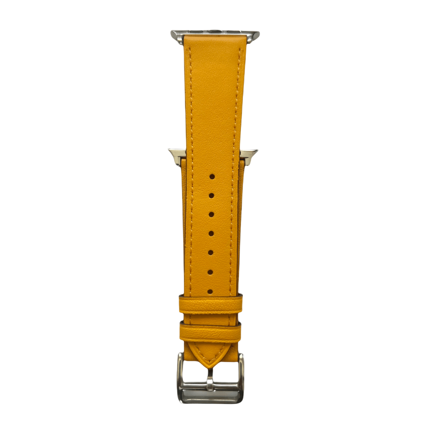Yellow leather Apple Watch band, connector and stitching detail