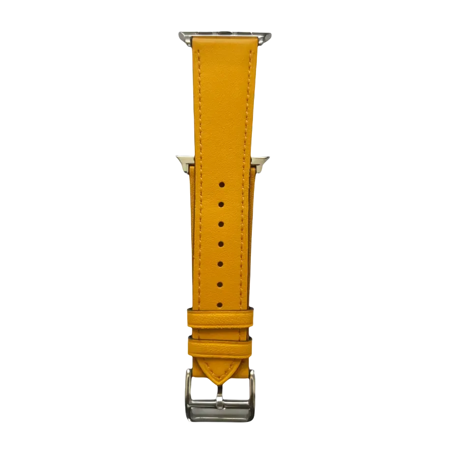 Yellow leather Apple Watch band, connector and stitching detail