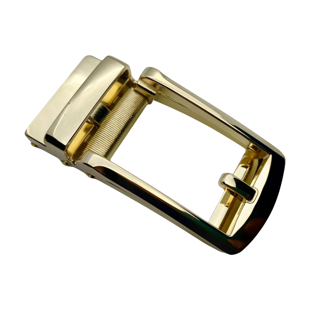 Yellow gold ratchet belt buckle, 1.15 inch, polished front view
