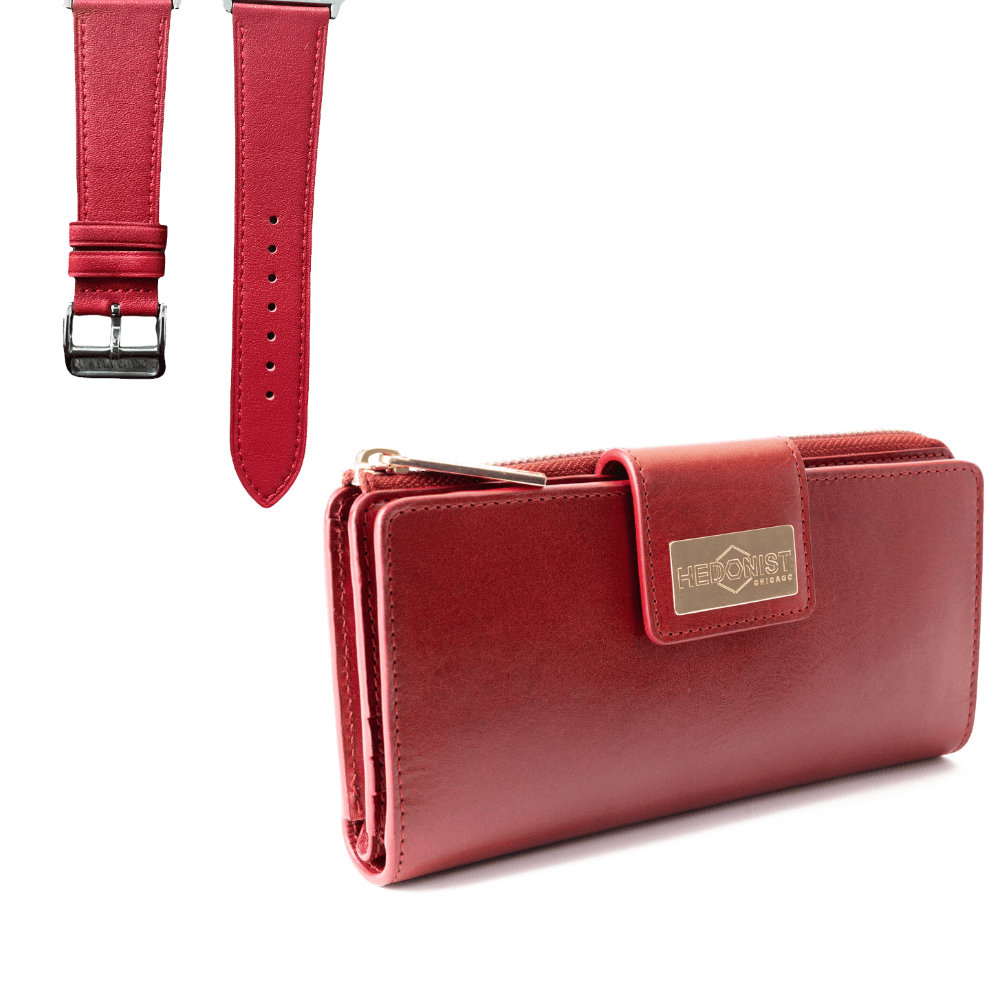 Red leather traveler wallet and Apple watch band gift set view 2 - Hedonist Chicago