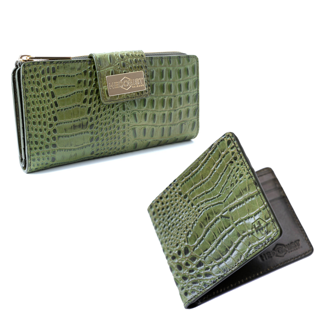 Classic Bifold Wallet and Traveler Wallet Croco Green Set