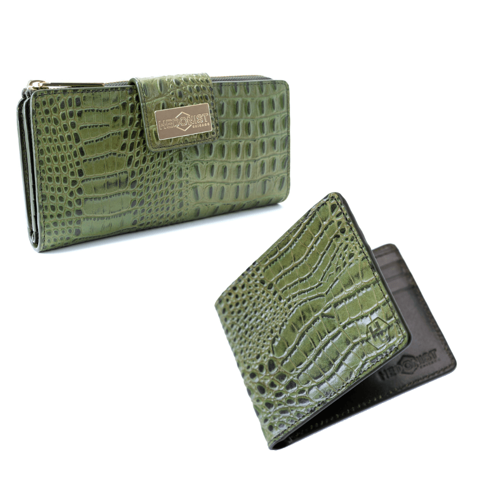 Classic bifold and traveler wallet croco green leather gift set view 2 - Hedonist Chicago