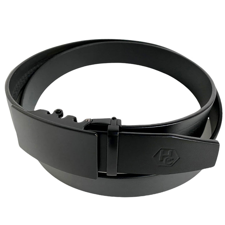 Black Leather Belt Strap And Black Ratchet Buckle 1.38" Side View | Hedonist Chicago