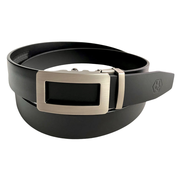 Smooth Black Leather Strap And Ratchet Gun Metal Buckle 1.38" | Hedonist Chicago