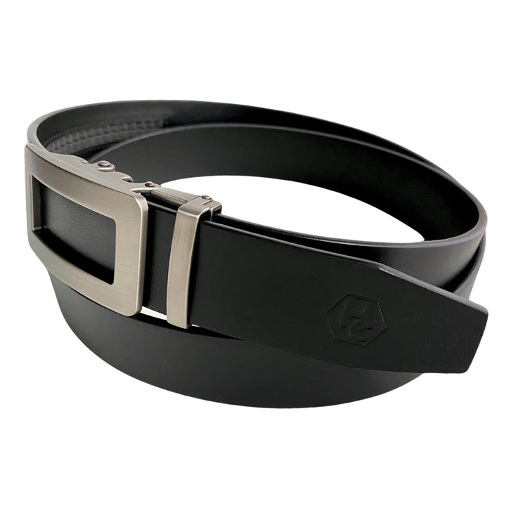 Smooth Black Leather Strap And Ratchet Gun Metal Buckle 1.38" Side View | Hedonist Chicago