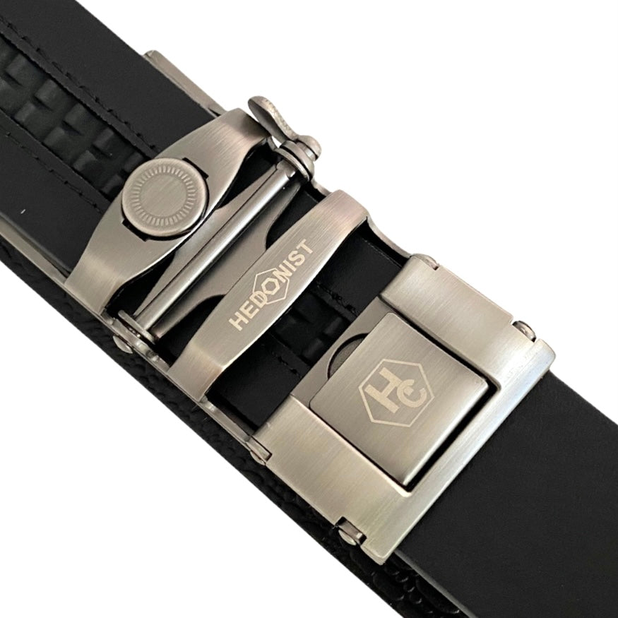 Black Leather Belt Strap With Ratchet Gun Metal Long Buckle 1.38" Back View | Hedonist Chicago