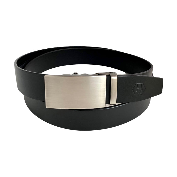 Black Leather Belt Strap With Ratchet Gun Metal Long Buckle 1.38" | Hedonist Chicago