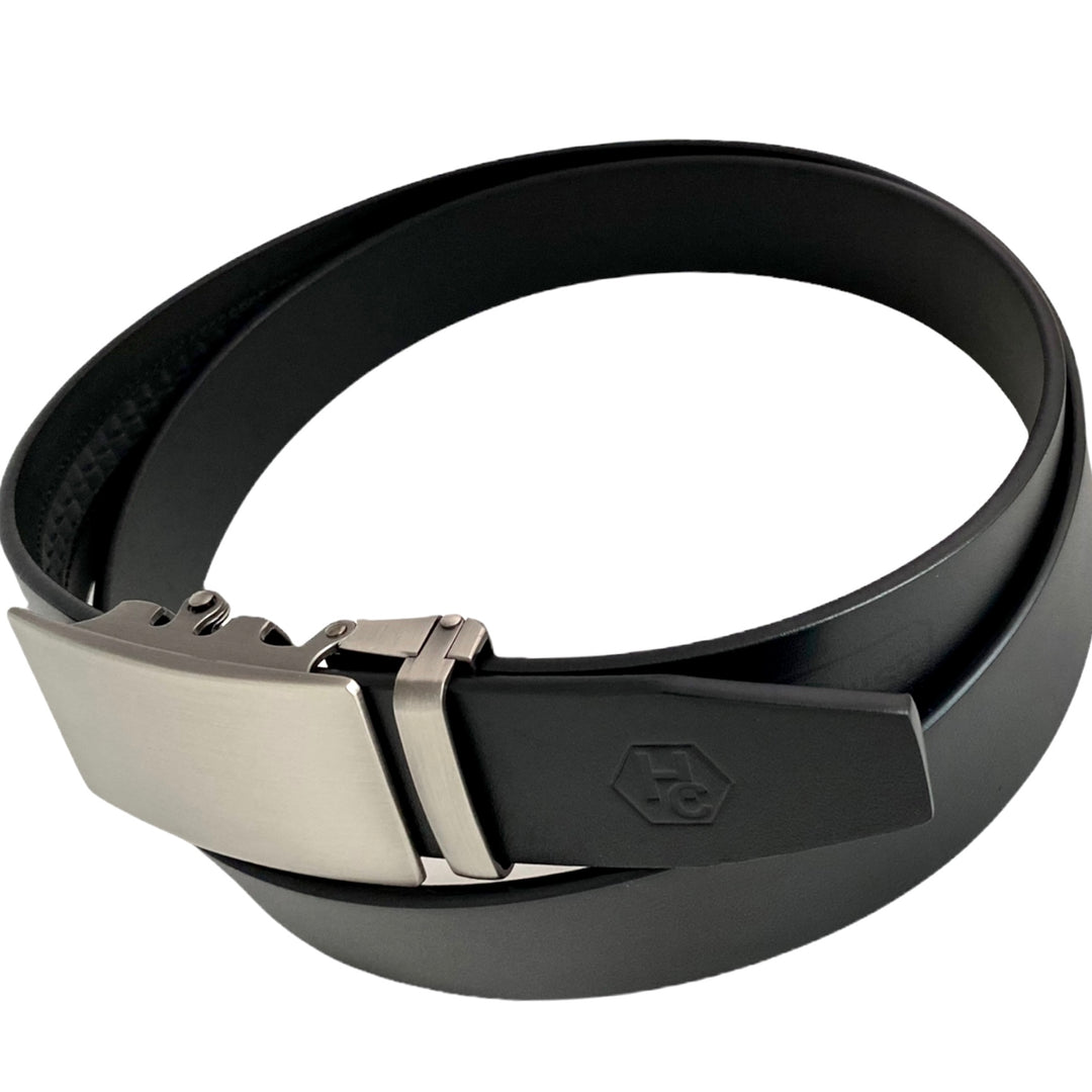 Black Leather Belt Strap With Ratchet Gun Metal Long Buckle 1.38" Side View | Hedonist Chicago