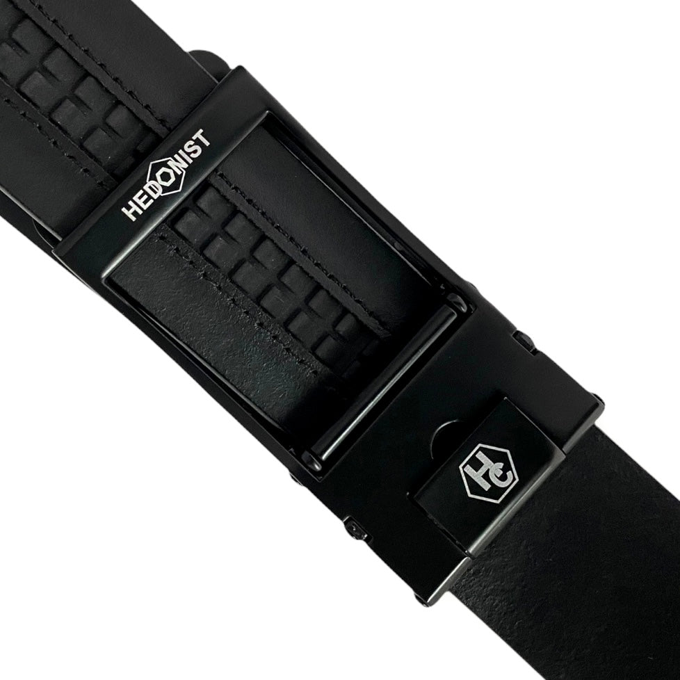 Black Leather Belt With Automatic Black Frame Buckle 1.38" Back View | Hedonist Chicago