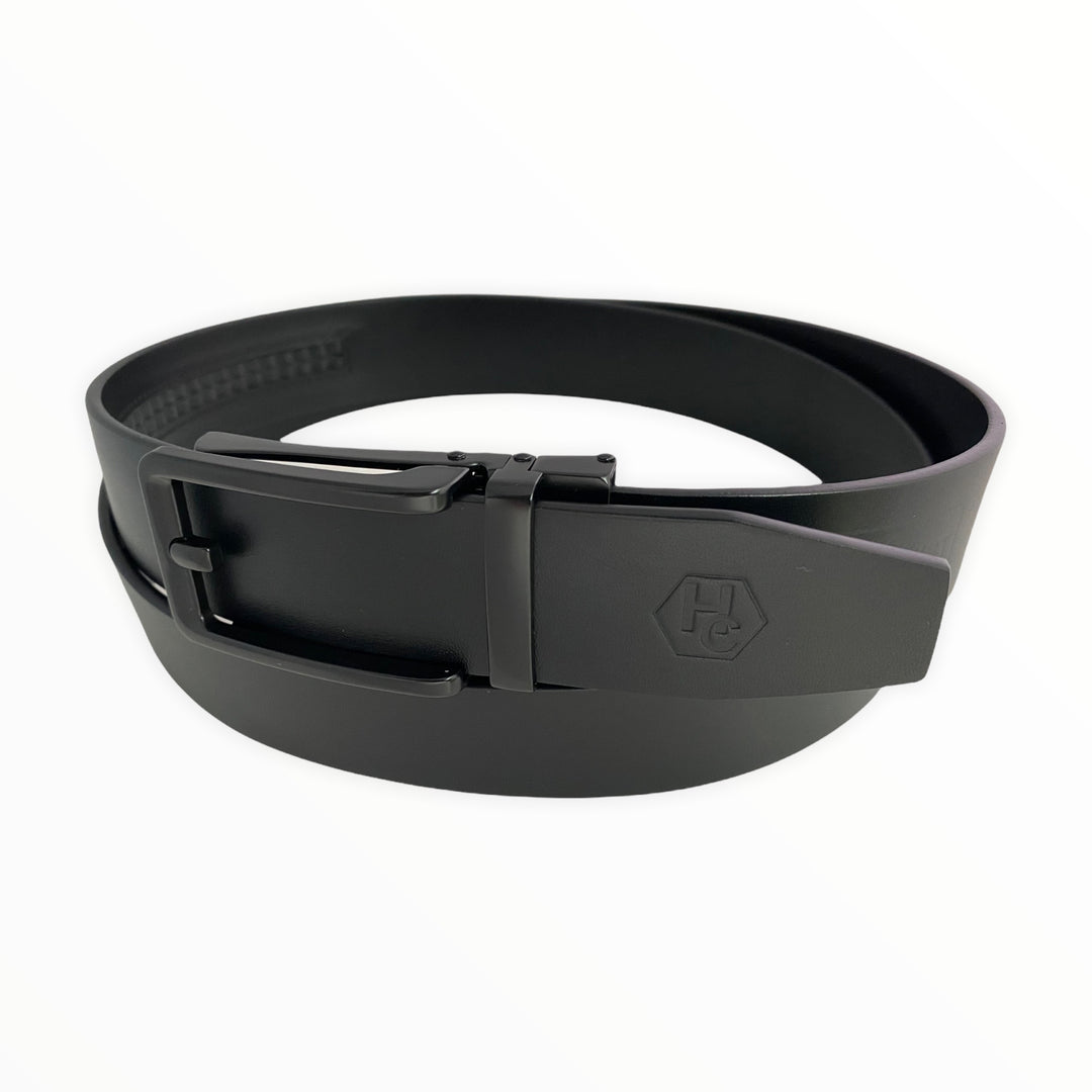 Black Leather Belt With Automatic Black Frame Buckle 1.38" Side View | Hedonist Chicago