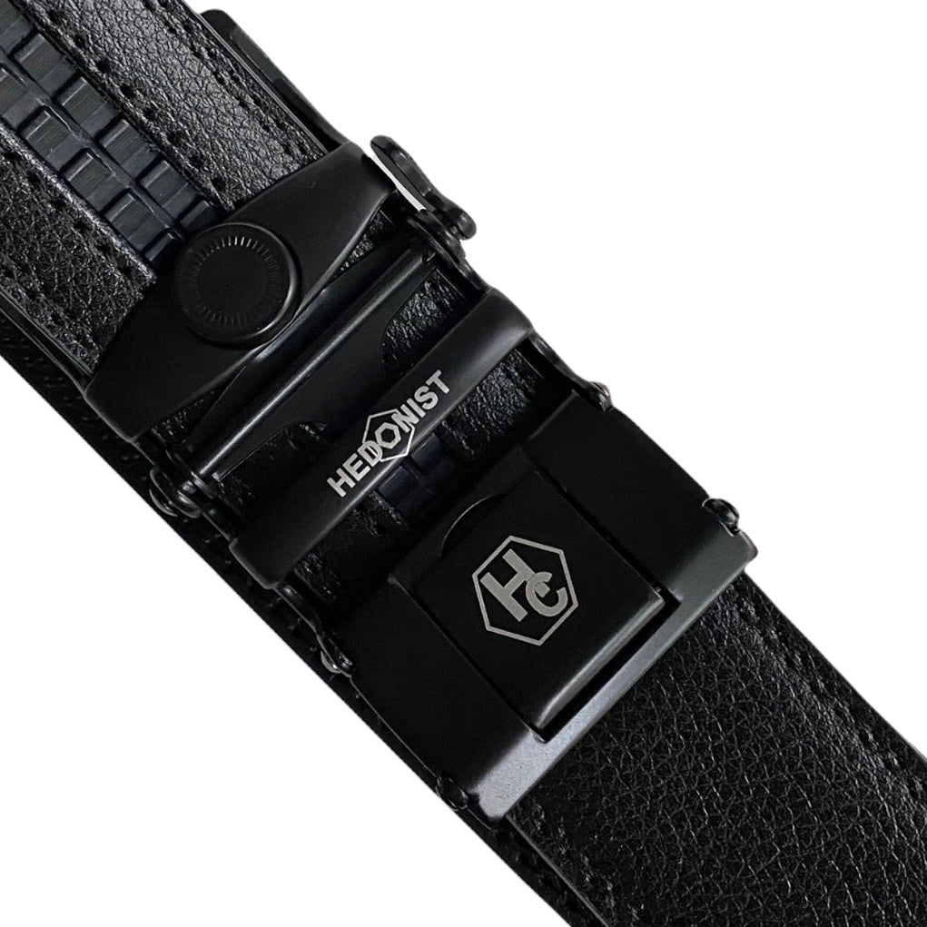 Black Leather Belt Strap Automatic Black Buckle | Hedonist Chicago | buckle view