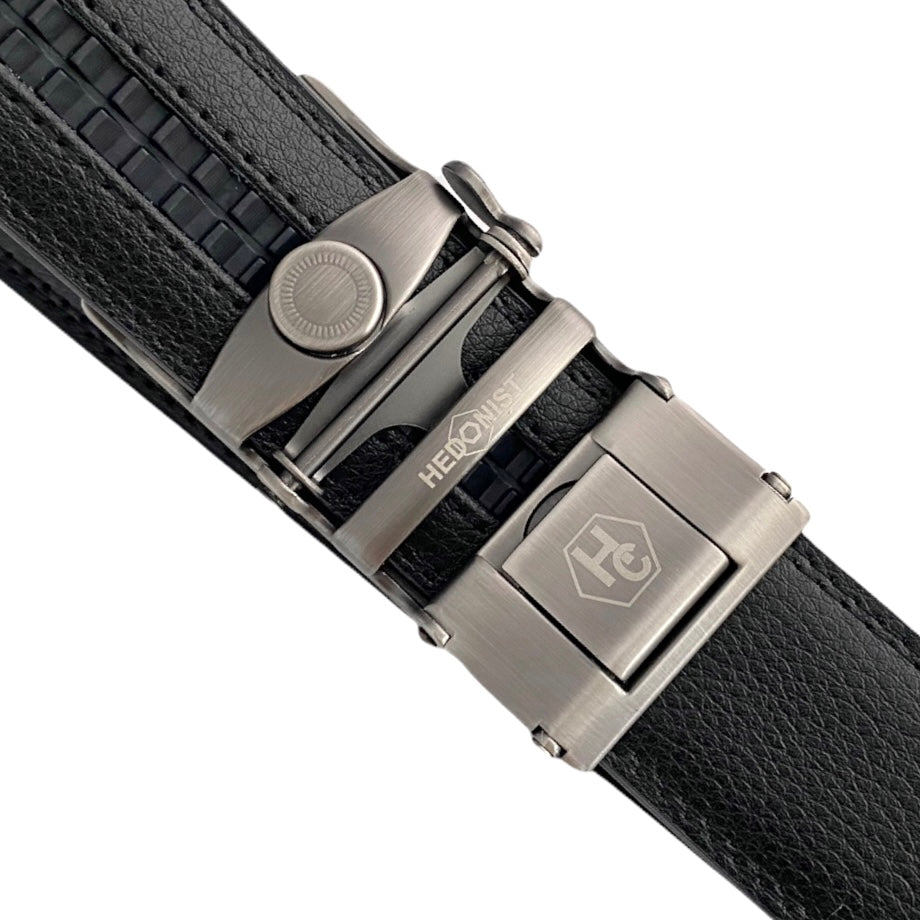 Black Leather Belt Strap With Gun Metal Buckle | Hedonist Chicago | Buckle View