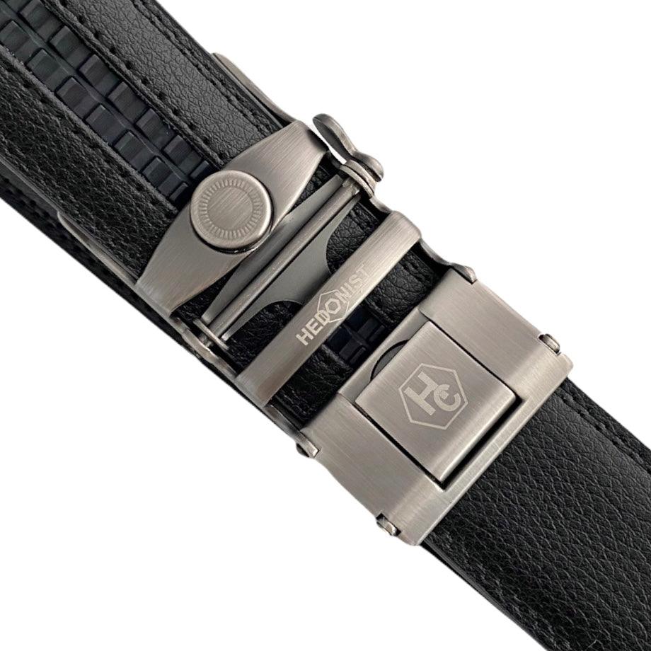 Gun Metal Automatic belt buckle 1.38" , close-up, for ratchet leather belts by Hedonist Chicago