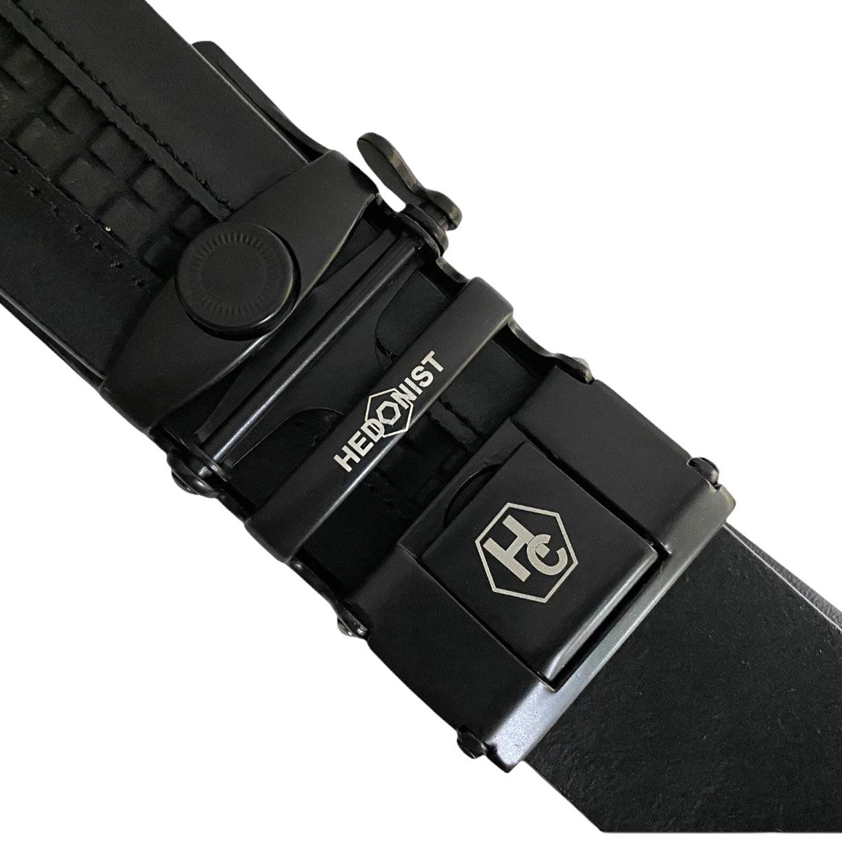 Black Automatic belt buckle 1.38" , hardware close-up, for ratchet leather belts by Hedonist Chicago