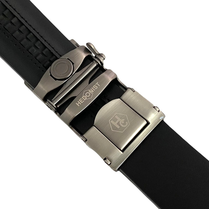 Black Textured Leather Belt Strap And Ratchet Gun Metal Buckle 1.38" Back View | Hedonist Chicago