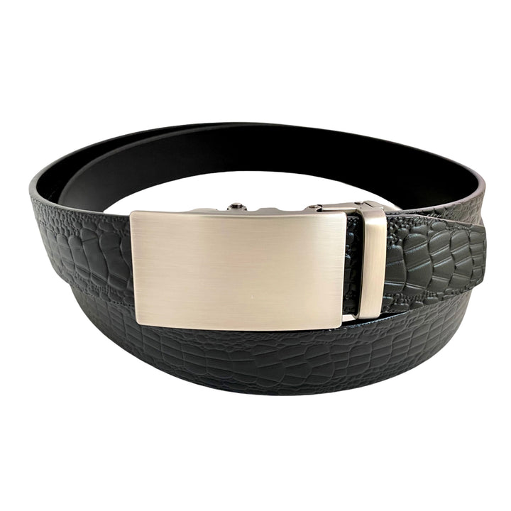 Black Textured Leather Belt Strap & Ratchet Long Gun Metal Buckle 1.38" | Hedonist Chicago