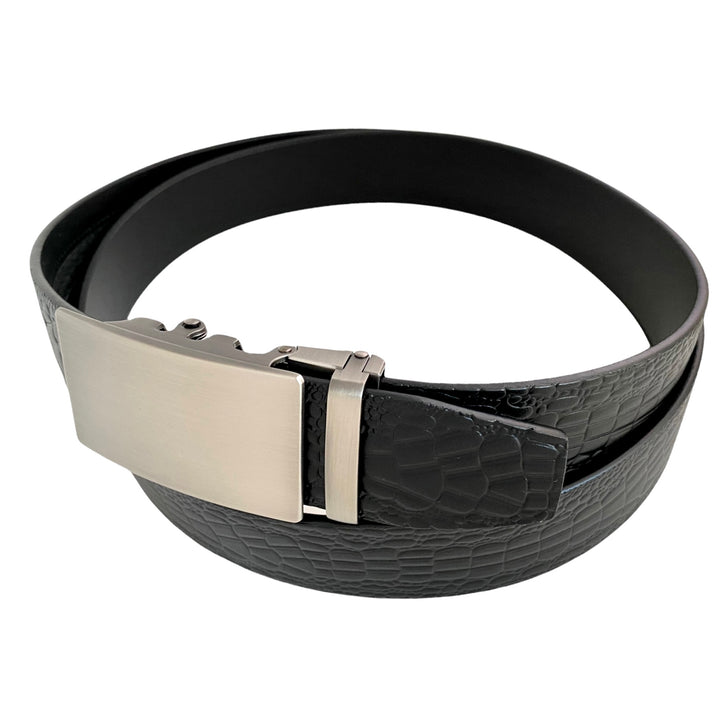 Black Textured Leather Belt Strap & Ratchet Long Gun Metal Buckle 1.38" Side View | Hedonist Chicago