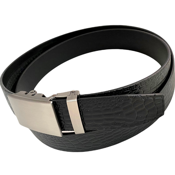 Black Textured Leather Belt Strap And Ratchet Gun Metal Buckle 1.38" Side View | Hedonist Chicago