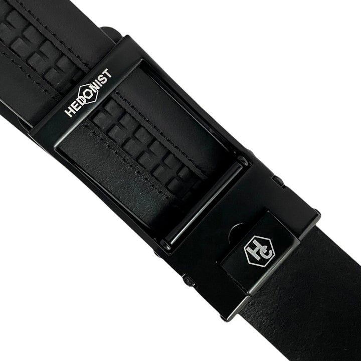 Black Textured Leather Strap and Black Ratchet Buckle 1.38" Back View | Hedonist Chicago