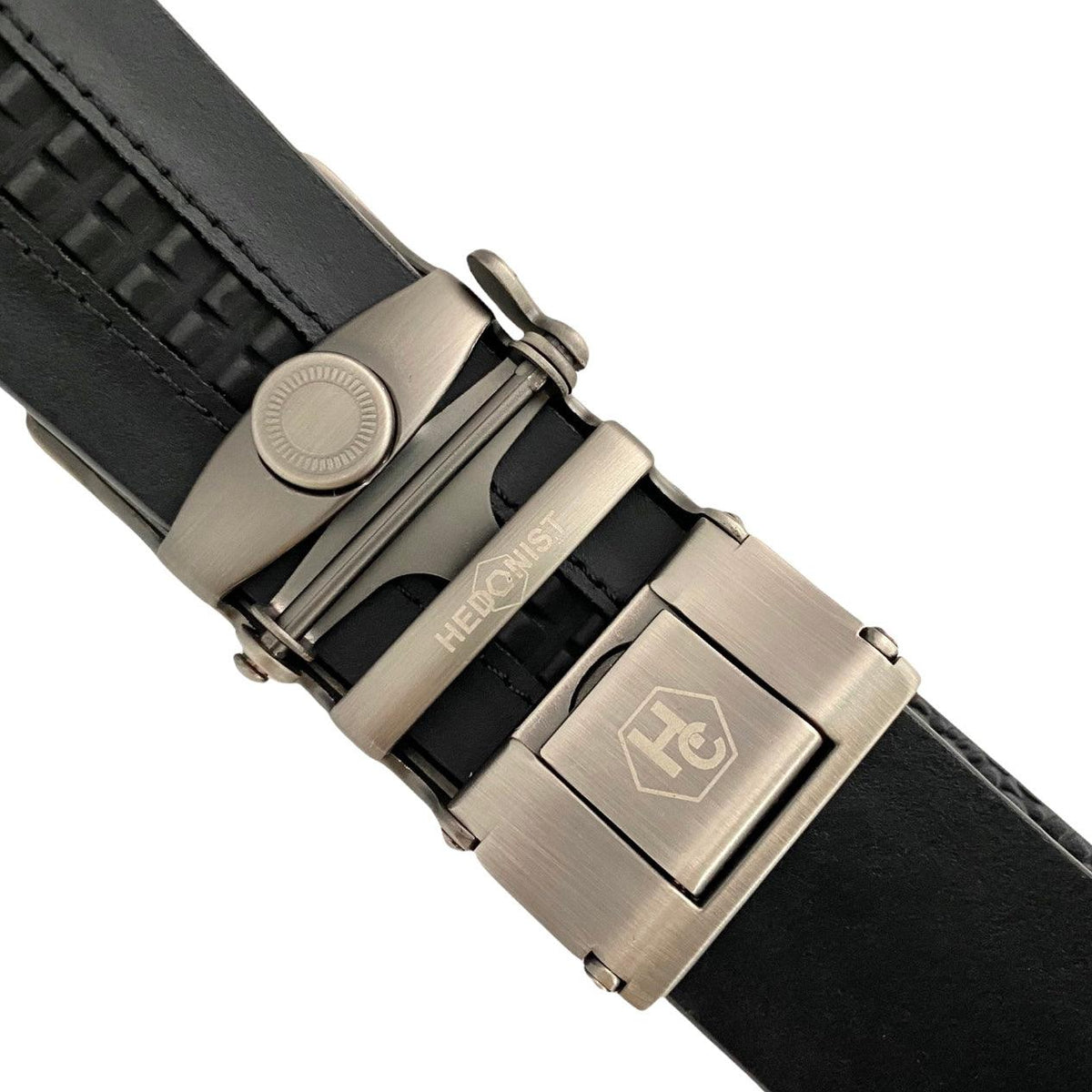 Dark Brown Textured Leather men's ratchet belt 1.38" with Metal Buckle, buckle close-up, by Hedonist Chicago