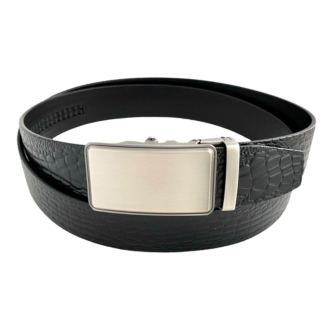 Black Textured Leather Strap And Ratchet Silver Buckle 1.38" | Hedonist Chicago