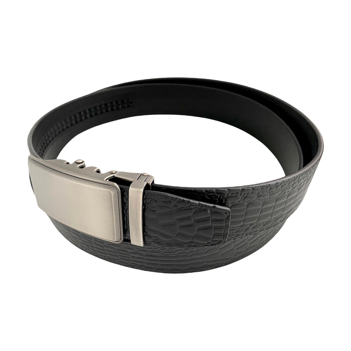Dark Brown Textured Leather men's ratchet belt 1.38" with Metal Buckle, strap texture detail, by Hedonist Chicago