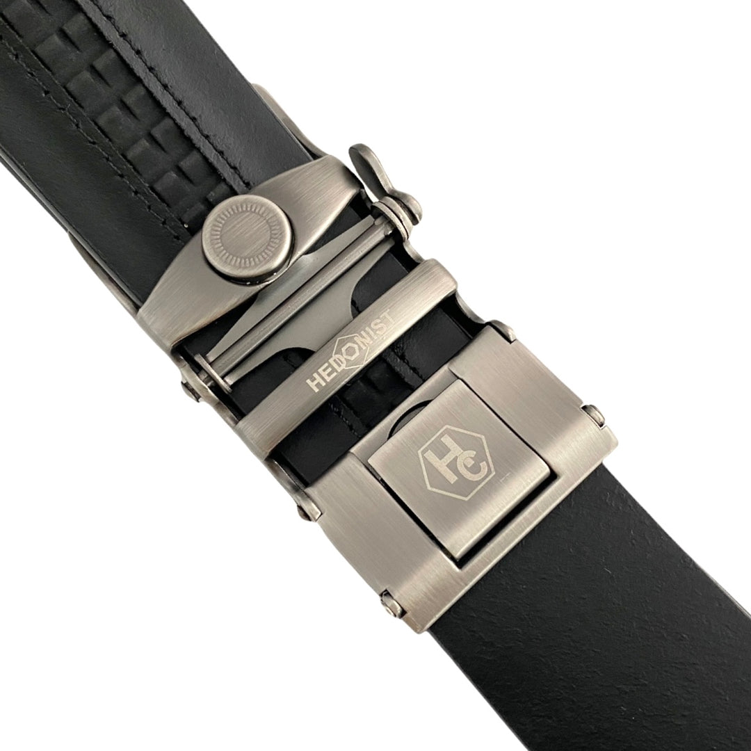 Black Textured Leather Strap And Ratchet Gun Metal Buckle 1.38" Back View | Hedonist Chicago