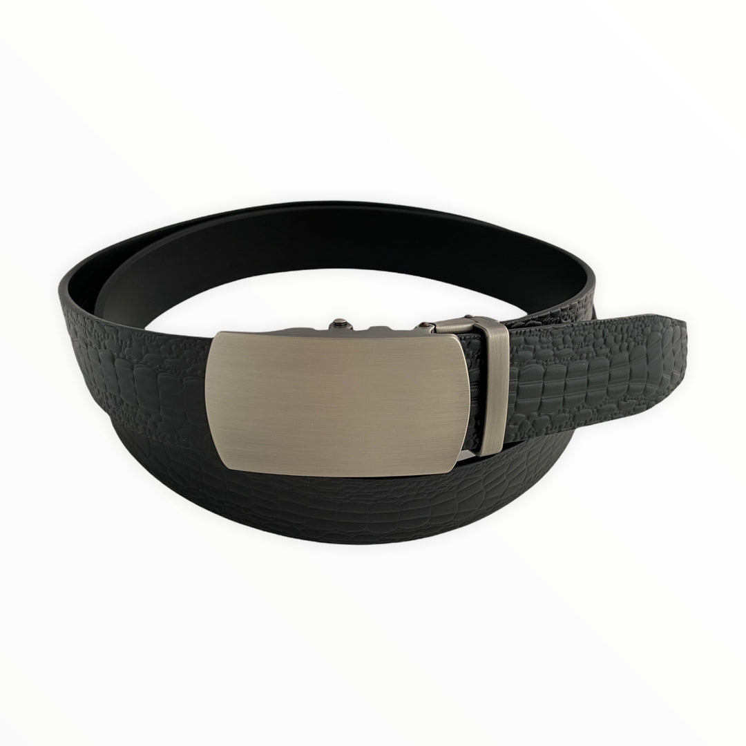 Black Textured Leather Strap And Ratchet Gun Metal Buckle 1.38" | Hedonist Chicago