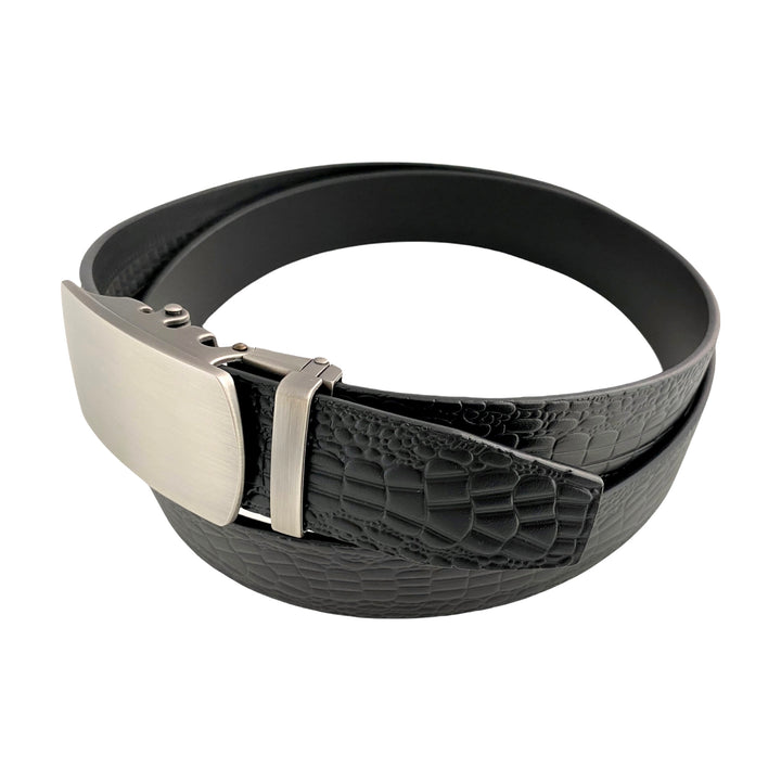 Black Textured Leather Strap And Ratchet Gun Metal Buckle 1.38" Side View | Hedonist Chicago