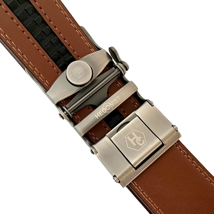 Men's Brown Genuine Leather Ratchet Belt With Gun Metal Buckle | Hedonist Chicago | buckle view