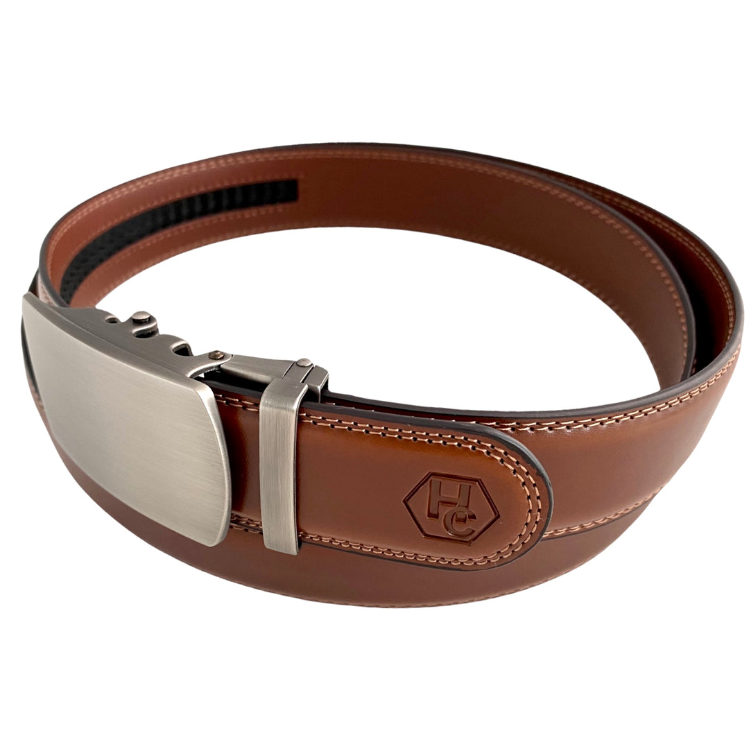 Men's Brown Genuine Leather Ratchet Belt With Gun Metal Buckle | Hedonist Chicago | side view