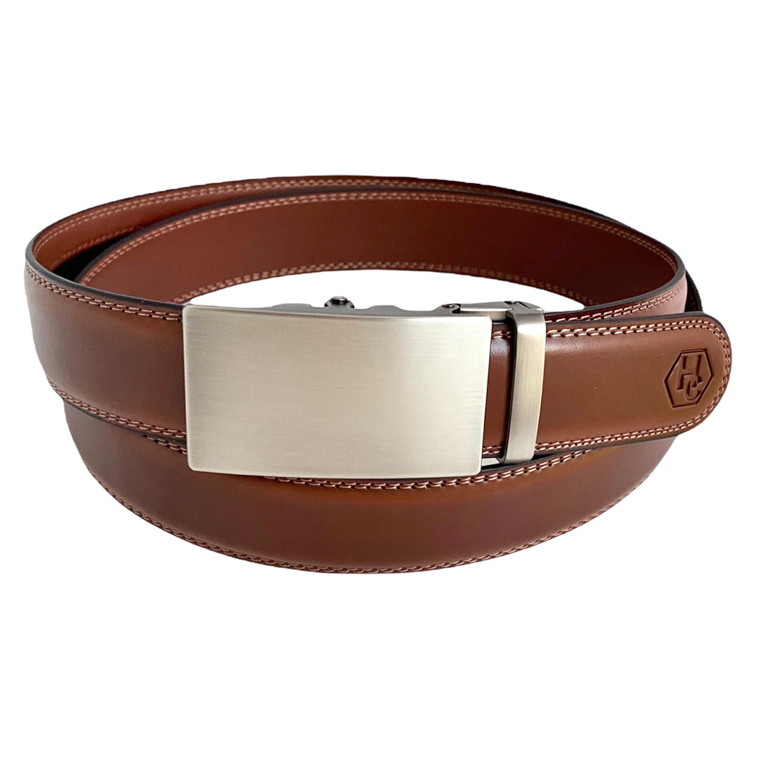 Brown Leather Belt Strap And Ratchet Gun Metal Buckle 1.38" | Hedonist Chicago