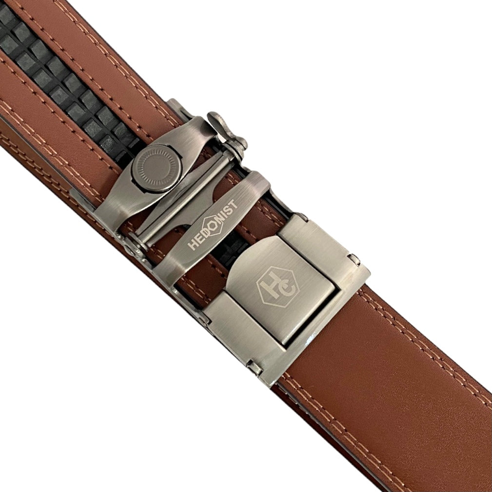 Genuine Brown Leather Ratchet Belt With Rectangular Gun Metal Buckle 1.38" | Hedonist Chicago | buckle view