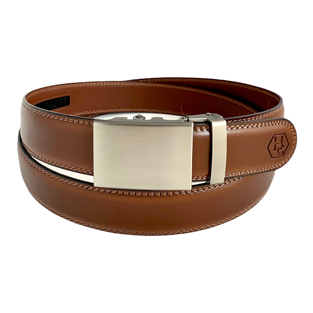 Genuine Brown Leather Ratchet Belt With Rectangular Gun Metal Buckle 1.38" | Hedonist Chicago | man view