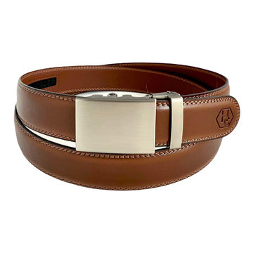 Genuine Brown Leather Ratchet Belt With Rectangular Gun Metal Buckle 1.38"
