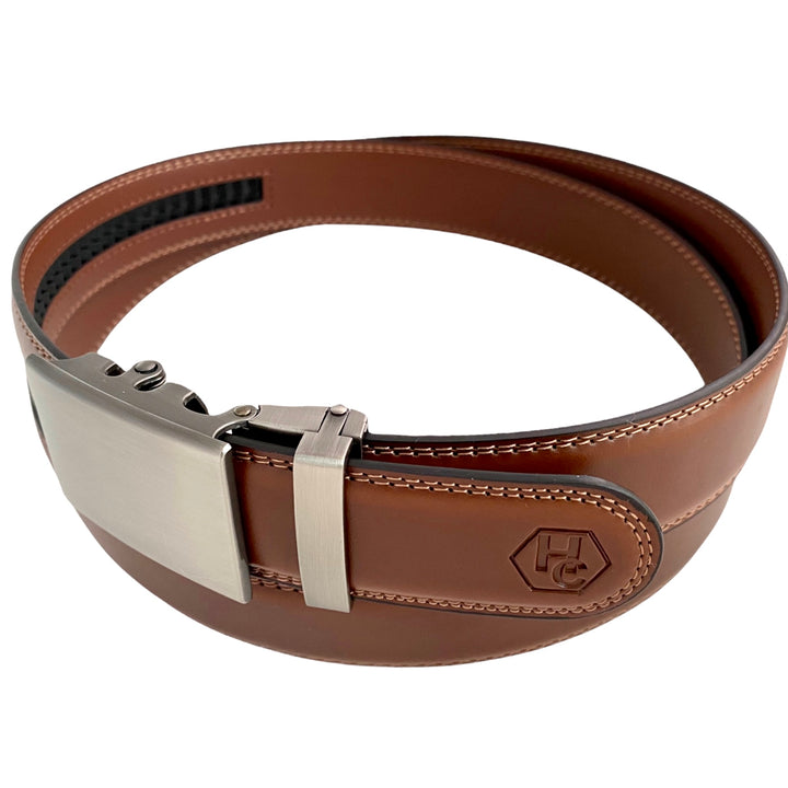 Genuine Brown Leather Ratchet Belt With Rectangular Gun Metal Buckle 1.38" | Hedonist Chicago | side view