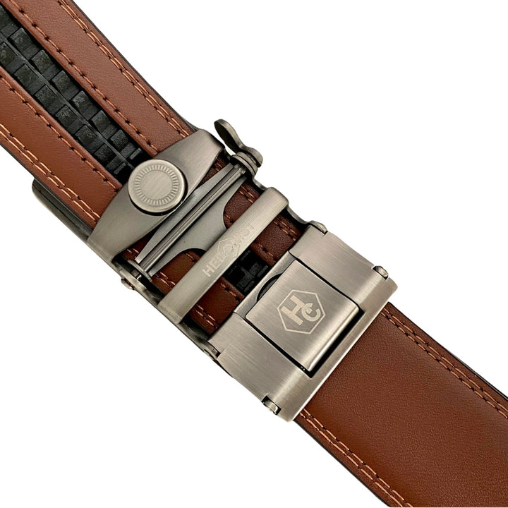 Men's Brown Genuine Leather Ratchet Belt With Silver Buckle | Hedonist Chicago | Buckle view