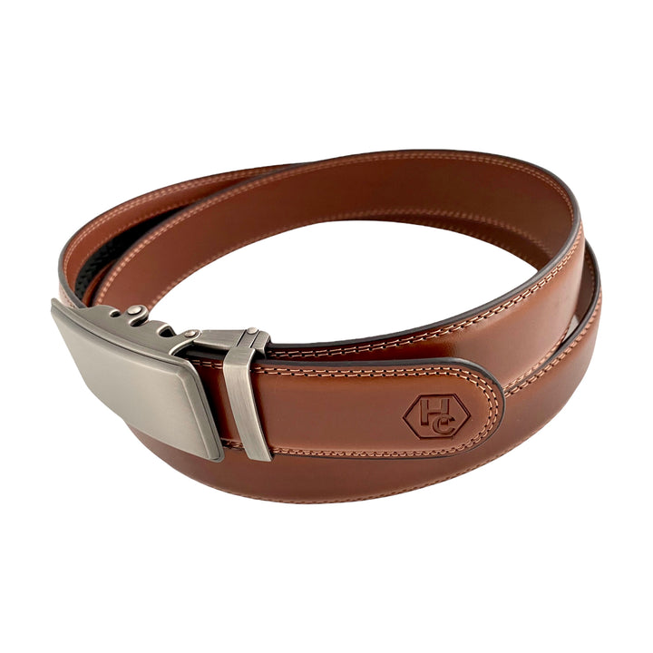 Men's Brown Genuine Leather Ratchet Belt With Silver Buckle | Hedonist Chicago | Side view