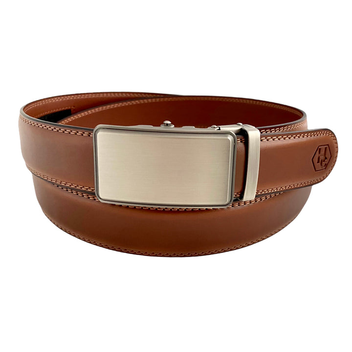 Men's Brown Genuine Leather Ratchet Belt With Silver Buckle | Hedonist Chicago 