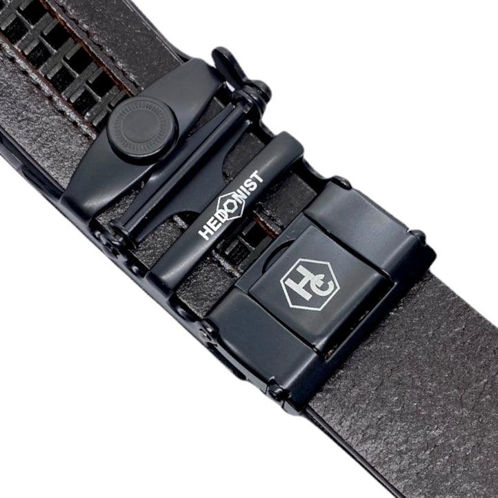 Black Automatic belt buckle 1.38" , hardware close-up, for ratchet leather belts by Hedonist Chicago